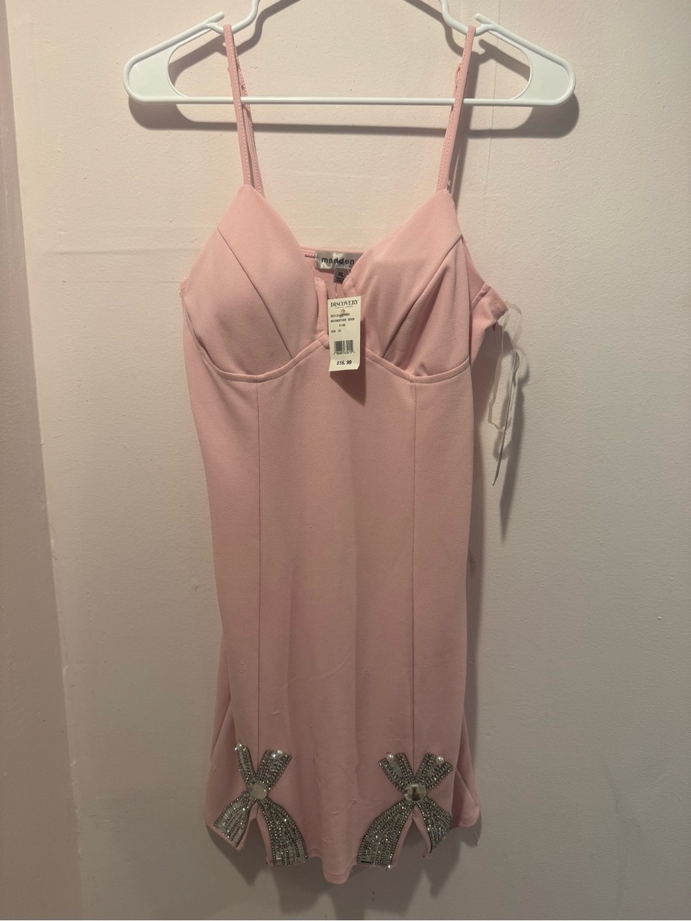 Madden Girl Light Pink Spaghetti Strap Mini Dress with Embellished Bows